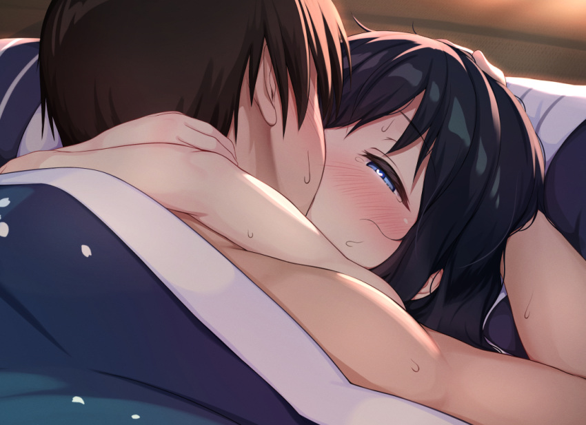 1boy 1girl admiral_(kantai_collection) asashio_(kantai_collection) black_hair blue_eyes blush half-closed_eyes heart heart-shaped_pupils hetero hug implied_sex kantai_collection kiss long_hair lying messy_hair missionary on_back sex shacho_(ko_no_ha) sweat symbol-shaped_pupils tears under_covers