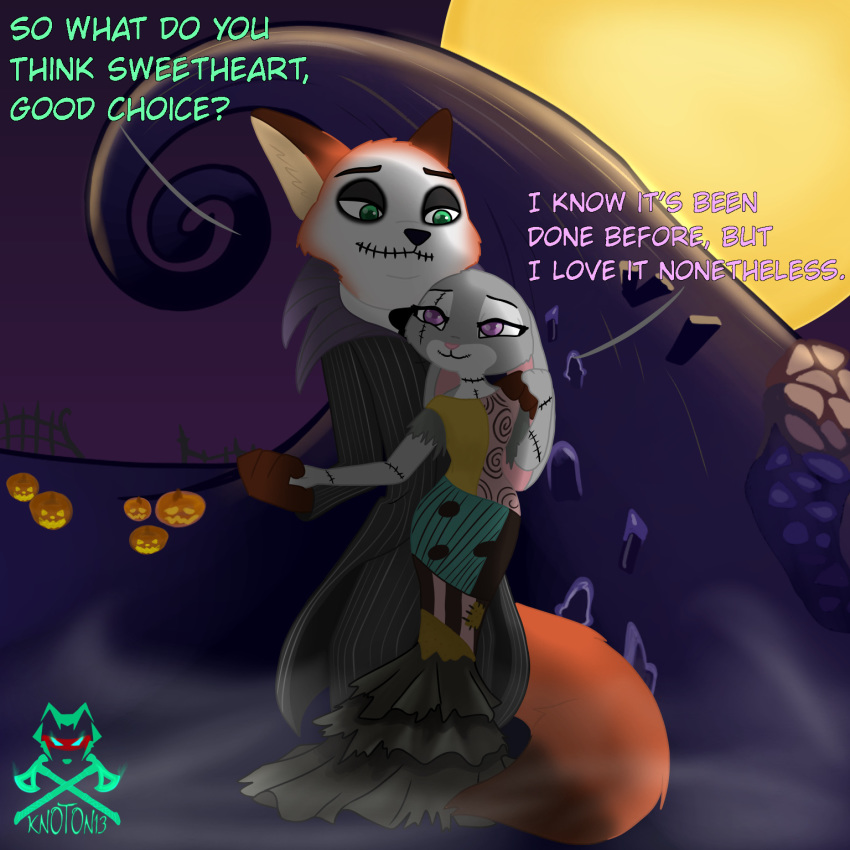 2019 anthro canid canine clothed clothing cosplay crossover crossover_cosplay dialogue disney duo english_text female fox fully_clothed fur grey_body grey_fur halloween_costume hand_holding hi_res judy_hopps knoton13 lagomorph leporid light lighting male mammal nick_wilde orange_body orange_fur rabbit red_fox standing text the_nightmare_before_christmas zootopia