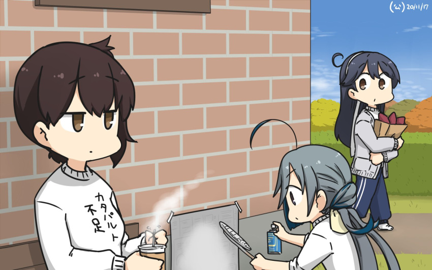 3girls ahoge alternate_costume bag bench black_hair blue_pants blue_sky brick_wall brown_eyes clothes_writing cloud commentary_request cup dated day disposable_cup food grey_eyes grey_hair hair_between_eyes hair_bun hamu_koutarou highres kaga_(kantai_collection) kantai_collection kiyoshimo_(kantai_collection) long_hair low_twintails multiple_girls outdoors pants paper_bag side_ponytail sky spray_can sweater sweet_potato track_pants translation_request twintails ushio_(kantai_collection) white_sweater