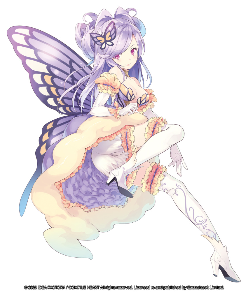 1girl bangs bloomers boots breasts butterfly_hair_ornament butterfly_wings company_name copyright dated dress elbow_gloves full_body genkai_tokki_moero_crystal gloves hair_ornament halftone high_heels highres hirano_katsuyuki light_purple_hair looking_at_viewer medium_breasts official_art photo_(medium) photoshop_(medium) red_eyes smile swept_bangs thigh_boots thighhighs transparent_background underwear wings