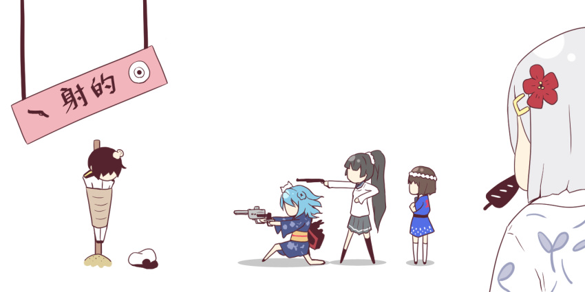 1boy 4girls admiral_(kantai_collection) asymmetrical_legwear black_hair blue_hair bound brown_hair character_request deformed double_bun faceless faceless_female faceless_male flower gun hair_ornament hairband hamakaze_(kantai_collection) handgun head_bump hibiscus ikayaki isokaze_(kantai_collection) japanese_clothes kantai_collection kimono kneeling long_hair medium_hair military military_uniform multiple_girls pleated_skirt ponytail revolver rope short_hair shotgun sign skirt standing target_practice tied_up uniform urakaze_(kantai_collection) weapon yukata