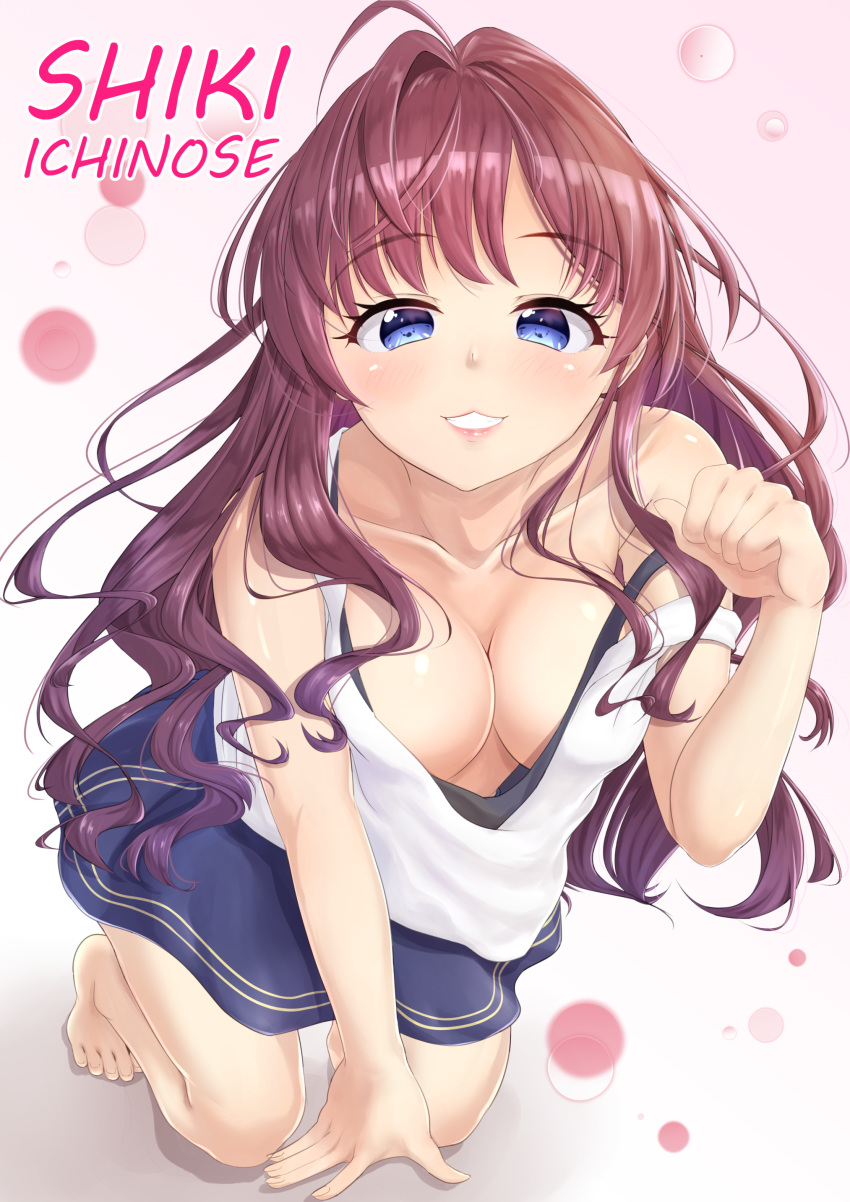 1girl :3 absurdres ahoge barefoot black_undershirt blue_eyes blue_skirt blush breasts brown_hair character_name cleavage collarbone commentary_request highres ichinose_shiki idolmaster idolmaster_cinderella_girls idolmaster_cinderella_girls_starlight_stage kneeling large_breasts leaning_forward long_hair pink_background shirt single_bare_shoulder skirt solo strap_pull tks-nb_(iorin-rinn) undressing very_long_hair white_shirt