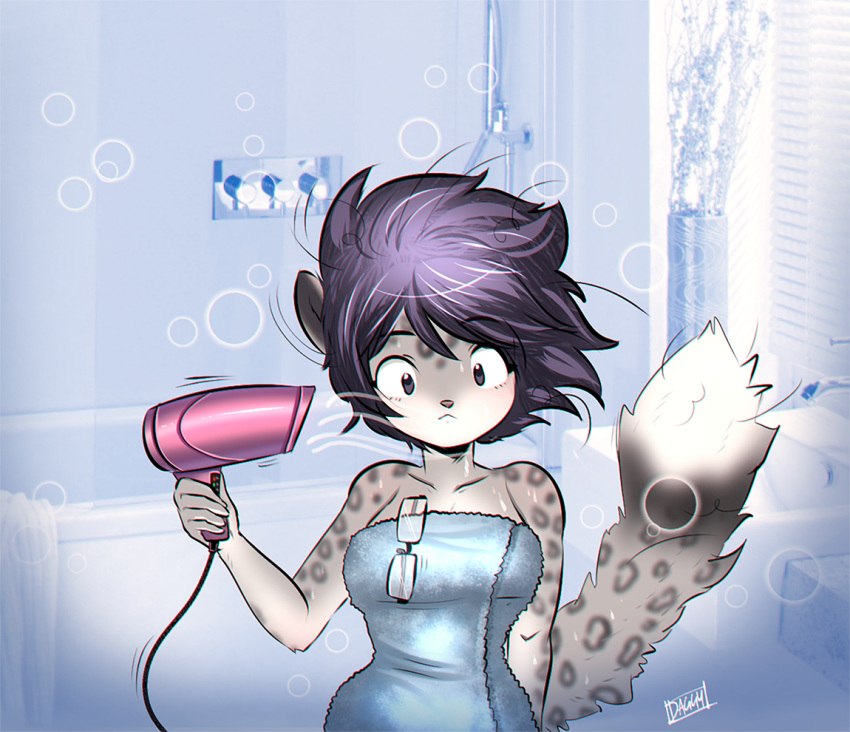 anthro bathroom eyewear felid female glasses hair hair_dryer luvon mammal pantherine snow_leopard solo towel
