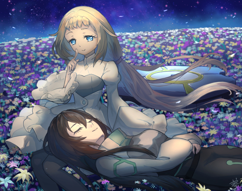 2girls belt black_hair blonde_hair blue_eyes bodysuit breasts closed_eyes eve_(gundam_build_divers_re:rise) eyelashes finger_to_mouth flat_chest floating_hair gundam gundam_build_divers gundam_build_divers_re:rise hands_on_own_stomach highres lap_pillow long_hair low-tied_long_hair lying may_(gundam_build_divers_re:rise) medium_breasts multiple_girls on_back short_bangs shrug_(clothing) sitting skin_tight sleeping smile very_long_hair yanagimachi