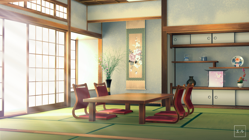 artist_name commentary_request eru_(erutwd) flower highres no_humans original painting_(object) plant plate scenery seat shelf sunlight table tatami teapot vase