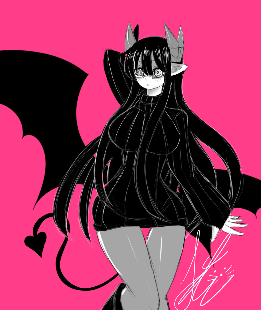 1girl :o black_hair black_sweater black_tail black_wings breasts demon_girl demon_tail demon_wings doodle fanart glasses highres long_hair megustakatz merii_(mazohaha) monochrome musuko_ga_kawaikute_shikatanai_mazoku_no_hahaoya pink_background ribbed_sweater semi-rimless_eyewear signature sweater tail under-rim_eyewear wings