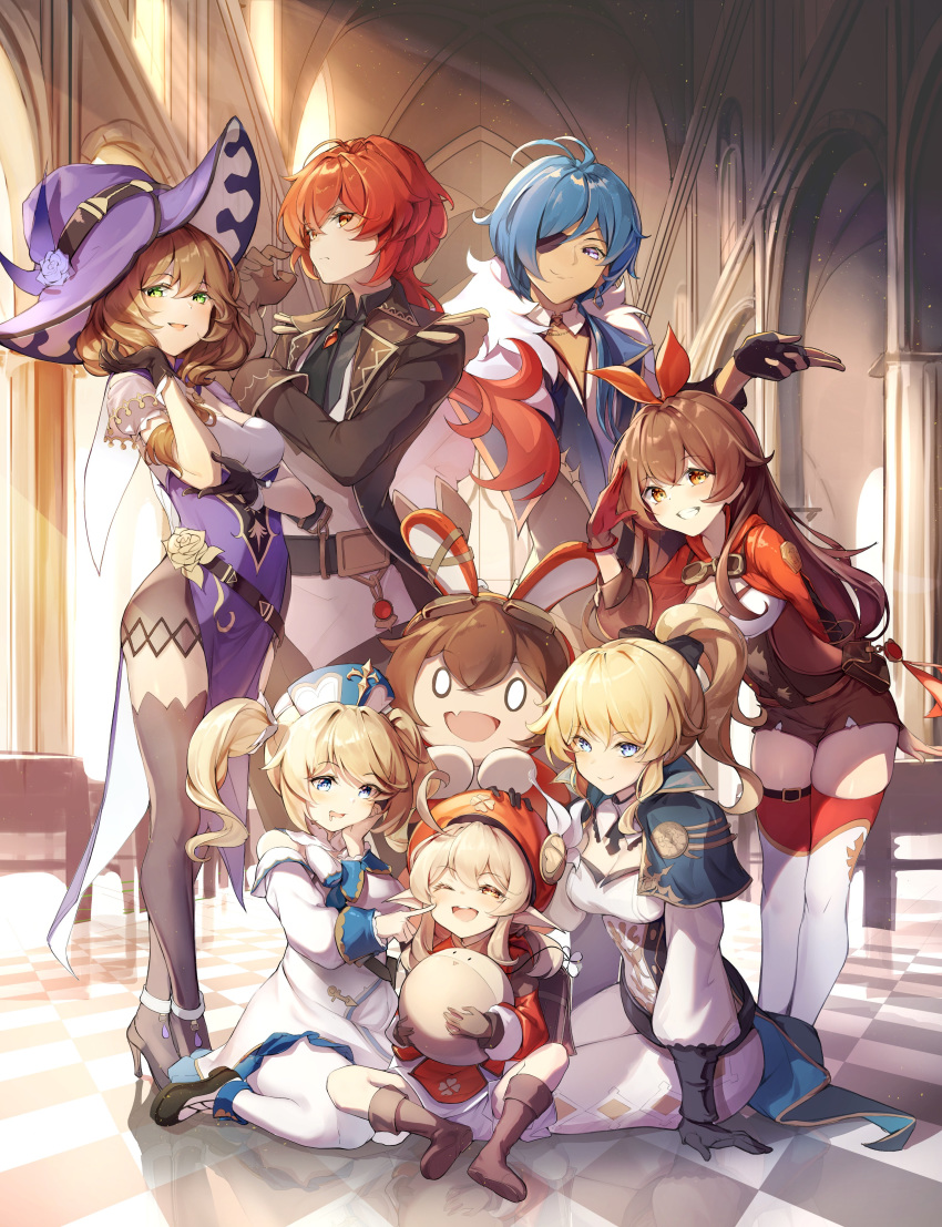 2boys 5girls :d absurdres ahoge amber_(genshin_impact) animal_ears barbara_(genshin_impact) bare_shoulders baron_bunny black_footwear black_gloves black_legwear black_ribbon blonde_hair blue_eyes blue_hair blush boots breasts brown_eyes brown_hair bunny_ears capelet cathedral cheek_poking cleavage closed_mouth commentary_request dampi detached_collar detached_sleeves diluc_(genshin_impact) dress drill_hair drooling eyebrows_visible_through_hair eyepatch fang fingerless_gloves genshin_impact gloves goggles goggles_around_neck green_eyes grin hair_ribbon hat high_heels highres indoors jean_gunnhildr kaeya_(genshin_impact) klee_(genshin_impact) light_particles lisa_(genshin_impact) long_hair long_sleeves looking_at_viewer medium_hair multiple_boys multiple_girls off-shoulder_dress off_shoulder one_eye_closed open_mouth parted_lips pelvic_curtain pew pointy_ears poking ponytail red_eyes red_gloves red_hair red_headwear red_ribbon reflective_floor ribbon shoes short_hair sitting sitting_on_floor skin_fang smile standing sunlight thigh_strap thighhighs tile_floor tiles twintails upper_teeth vision_(genshin_impact) white_dress white_legwear window witch_hat