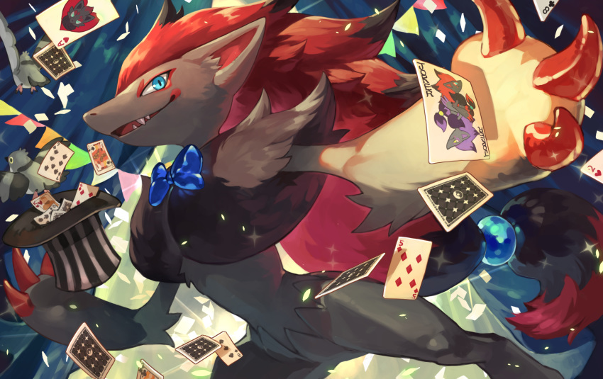 bird blue_eyes card claws commentary_request fur gen_5_pokemon hat hat_removed headwear_removed highres magician no_humans open_mouth pidove playing_card pokemon pokemon_(creature) sharp_teeth smile striped striped_headwear tapioka_chaso teeth tongue zoroark