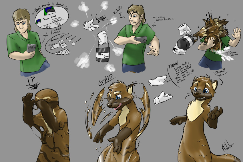 2017 3:2 4_fingers ?! adalore anthro blue_eyes brown_body brown_fur brown_hair bucket clothing dialogue dipstick_limbs disembodied_hand english_text fingers fur goo_transformation grey_background hair hi_res holding_object holding_phone human human_to_anthro mammal marten mustelid musteline phone sequence shirt simple_background solo_focus species_transformation surprise text topwear transformation