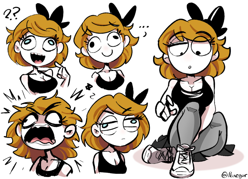 1girl black_shirt blonde_hair bow derpina english_commentary expressions grey_legwear hair_bow highres multiple_views original peargor rage_comic shirt shoes short_hair sleeveless sneakers tank_top twitter_username white_background white_footwear