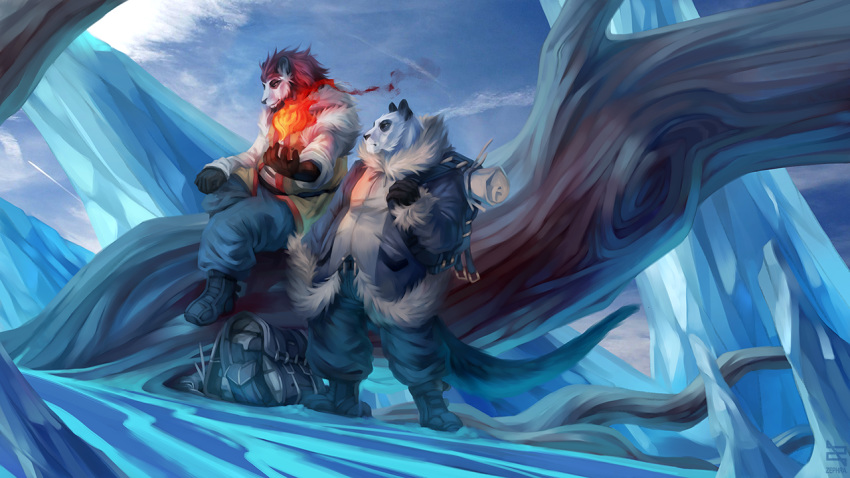 16:9 2020 5_fingers anthro clothed clothing day detailed_background digital_media_(artwork) fingers giant_panda male mammal outside sky ursid widescreen zephra