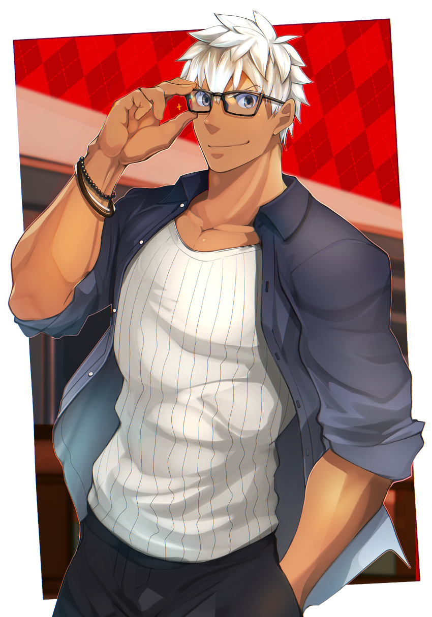 1boy absurdres alternate_costume archer argyle argyle_background bara brown_eyes dark_skin dark_skinned_male fate/grand_order fate/stay_night fate_(series) glasses highres kuro_(shiranui) looking_at_viewer male_focus muscle pants pectorals short_hair smile solo summer_casual_(fate/grand_order) tank_top white_hair