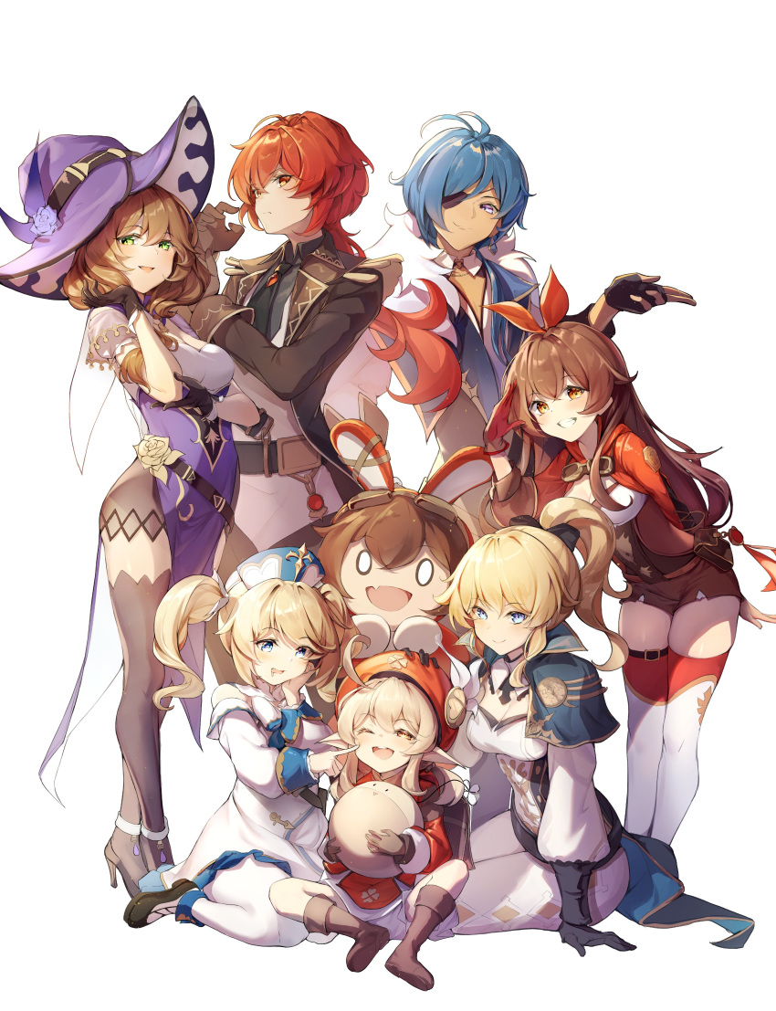 2boys 5girls :d absurdres ahoge amber_(genshin_impact) animal_ears barbara_(genshin_impact) bare_shoulders baron_bunny black_footwear black_gloves black_legwear black_ribbon blonde_hair blue_eyes blue_hair blush boots breasts brown_eyes brown_hair bunny_ears capelet cheek_poking cleavage closed_mouth commentary_request dampi detached_collar detached_sleeves diluc_(genshin_impact) dress drill_hair drooling eyebrows_visible_through_hair eyepatch fang fingerless_gloves genshin_impact gloves goggles goggles_around_neck green_eyes grin hair_ribbon hat high_heels highres jean_gunnhildr kaeya_(genshin_impact) klee_(genshin_impact) lisa_(genshin_impact) long_hair long_sleeves looking_at_viewer medium_hair multiple_boys multiple_girls off-shoulder_dress off_shoulder one_eye_closed open_mouth parted_lips pelvic_curtain pointy_ears poking ponytail red_eyes red_gloves red_hair red_headwear red_ribbon ribbon shoes short_hair simple_background sitting sitting_on_floor skin_fang smile standing thigh_strap thighhighs twintails upper_teeth vision_(genshin_impact) white_background white_dress white_legwear witch_hat