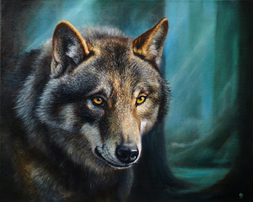 5:4 canid canine canis dimwolf feral forest fur grey_body grey_fur male mammal oil_painting_(artwork) orange_eyes painting_(artwork) solo traditional_media_(artwork) tree wolf