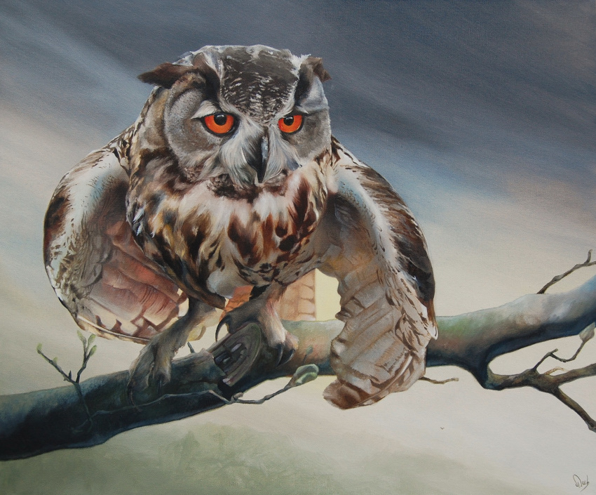 ambiguous_gender avian beak bird branch bubo_(genus) feral hi_res jpeckarts oil_painting_(artwork) orange_eyes outside owl painting_(artwork) traditional_media_(artwork) true_owl