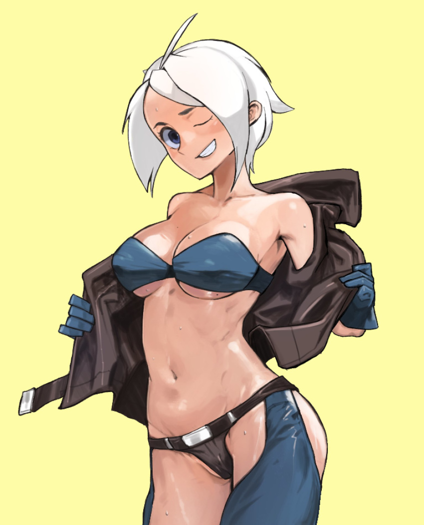 ahoge angel_(kof) breasts cleavage commission eyebrows_visible_through_hair gloves go_d_e hair highres jacket large_breasts mexican navel one_eye_closed revealing_clothes short_hair smile the_king_of_fighters white_hair