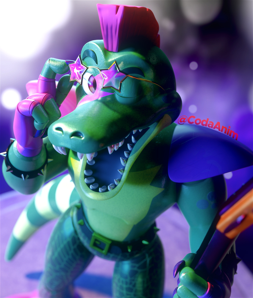 3d_(artwork) abstract_background absurd_res alligator alligatorid animatronic anthro belt blender_(artwork) bodypaint bottomwear bracelet claws clothed clothing coda coolioaruff crocodilian digital_media_(artwork) eyebrows eyewear face_paint five_nights_at_freddy's five_nights_at_freddy's:_security_breach glasses gloves green_body green_eyebrows green_face green_nose guitar hair handwear hi_res jewelry lights looking_at_viewer machine male mohawk montgomery_gator multicolored_body multicolored_face musical_instrument one_eye_closed open_mouth pants pink_face plucked_string_instrument portrait pseudo_hair purple_background purple_eyes red_hair reptile robot rockstar scalie scottgames sharp_teeth short_hair simple_background smile solo spiked_belt spiked_bracelet spikes standing star_glasses steel_wool_studios string_instrument teeth three-quarter_portrait topless two_tone_body two_tone_tail wink
