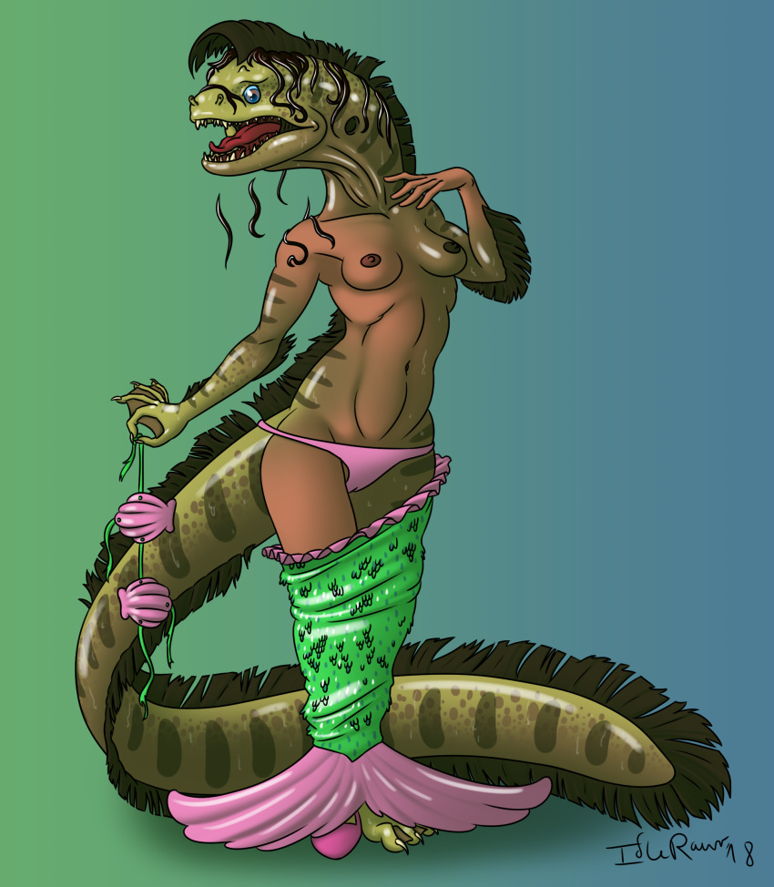 2019 5_fingers absurd_res bikini bikini_bottom breasts camel_toe clothing eel female fingers fish green_body green_scales hair_loss hi_res holding_clothing human idlerawr mammal marine membrane_(anatomy) mid_transformation navel nipples open_mouth scales simple_background solo species_transformation standing swimwear teeth transformation webbed_hands