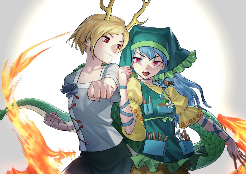 2girls apron arm_ribbon backlighting bangs between_fingers blonde_hair blouse blue_blouse blue_hair blue_ribbon breasts chisel clenched_hands collarbone dragon_horns dragon_tail eyebrows_visible_through_hair fire flower foreshortening gradient green_skirt haniyasushin_keiki head_scarf highres holding horns kicchou_yachie long_hair looking_at_another losercat magatama_necklace multiple_girls open_mouth parted_bangs puffy_short_sleeves puffy_sleeves red_eyes ribbon short_hair short_sleeves simple_background skirt small_breasts smile tail tool_belt touhou upper_body v-shaped_eyebrows white_background wide_sleeves yellow_blouse yellow_skirt