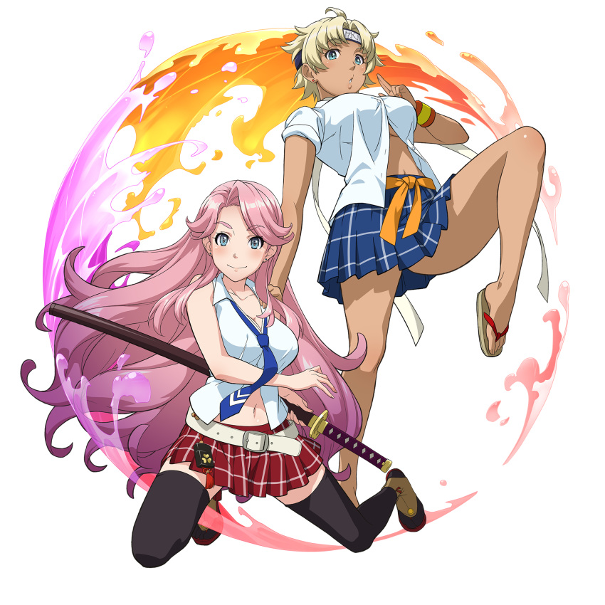 2girls belt black_legwear blue_eyes blue_neckwear blue_skirt breasts character_request earrings eyebrows_visible_through_hair headband highres holding holding_sword holding_weapon jewelry kandagawa_jet_girls katana large_breasts leg_up long_hair looking_at_viewer loose_necktie multiple_girls naruko_hanaharu navel necktie official_art parted_lips partially_unbuttoned pink_hair pleated_skirt red_skirt sandals sheath sheathed short_hair skirt sleeveless sleeves_rolled_up smile stud_earrings sword tan thighhighs transparent_background weapon zettai_ryouiki