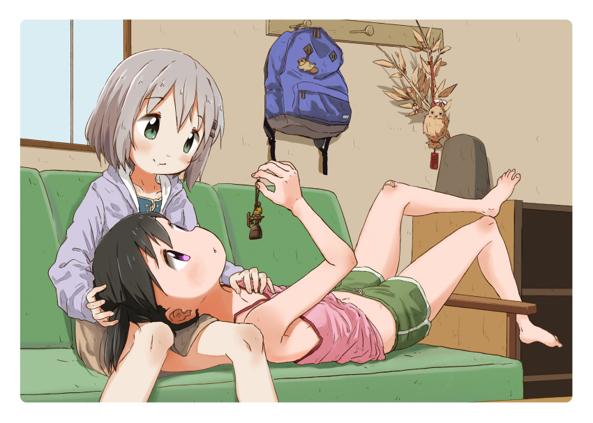 2girls absurdres ashida_ichirou backpack bag bandaid bandaid_on_knee bare_legs barefoot black_hair blush border brown_hair brown_skirt camisole coach dolphin_shorts green_eyes hair_ornament hairclip hand_on_another's_chest highres holding hood hooded_jacket indoors jacket keychain kuraue_hinata lap_pillow multiple_girls purple_eyes short_hair shorts skirt smile white_border yama_no_susume yukimura_aoi