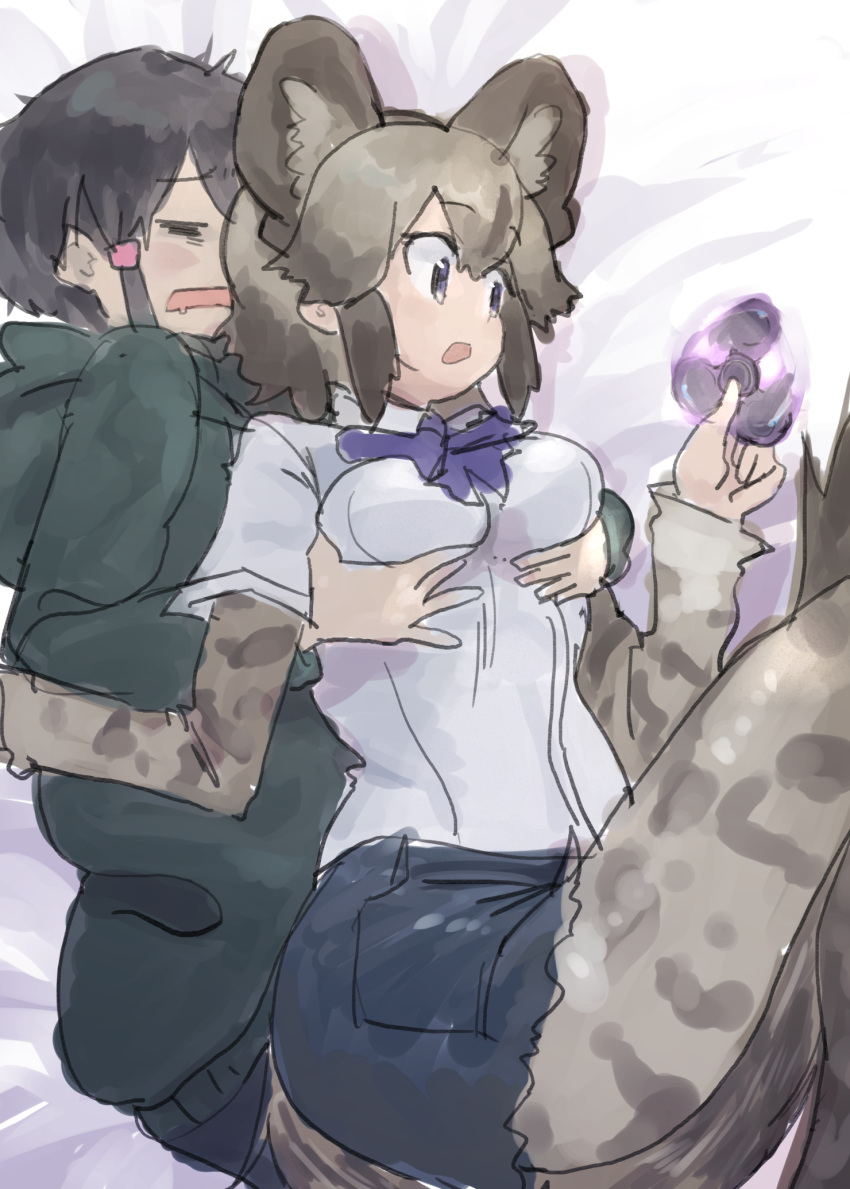 2girls african_wild_dog_(kemono_friends) african_wild_dog_print animal_ears behind_another black_hair blue_eyes bodystocking bow bowtie breast_grab breasts captain_(kemono_friends) closed_eyes clueless dog_ears dog_girl dog_tail extra_ears eyebrows_visible_through_hair female_pervert fidget_spinner furrowed_eyebrows grabbing grabbing_from_behind green_hoodie grey_hair highres holding hood hood_down hoodie kemono_friends kemono_friends_3 long_sleeves looking_at_object lying medium_breasts medium_hair motion_blur mouth_drool multiple_girls nishuu_miri on_side open_mouth pervert shirt short_hair short_over_long_sleeves short_sleeves side_ponytail sidelocks sketch smile spinning tail yuri