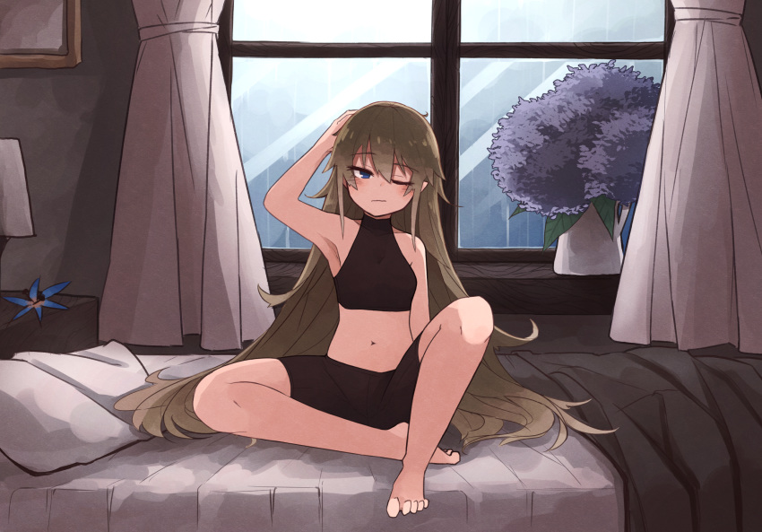 1girl armpits bed bedroom bike_shorts blue_eyes crop_top flower green_hair hair_ornament_removed hand_on_head highres indoors kaginoni knee_up long_hair navel one_eye_closed original selenoah solo vase very_long_hair waking_up window