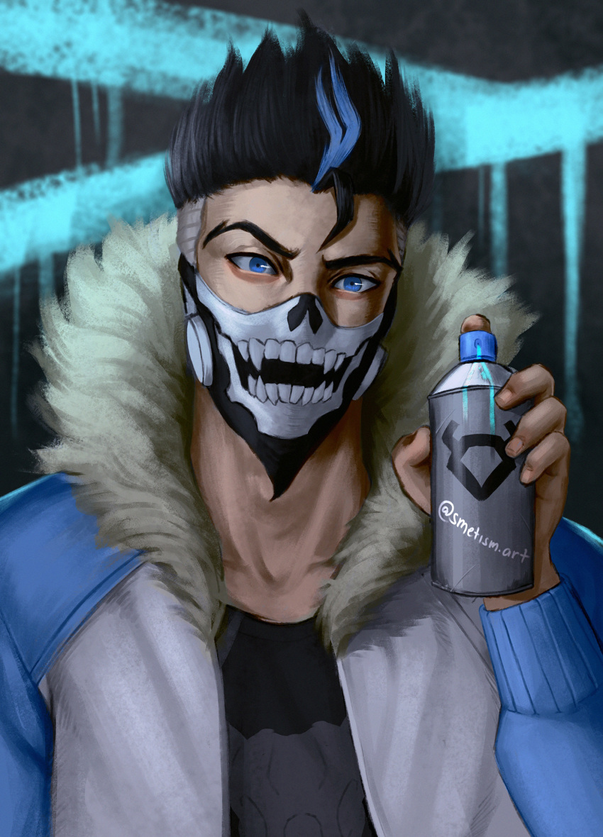 1boy artist_name black_hair blue_eyes blue_hair bruno_bangnyfe burn_the_witch coat fur_trim highres looking_at_viewer male_focus mask multicolored_hair smetism solo spiked_hair spray_can spray_paint two-tone_hair upper_body