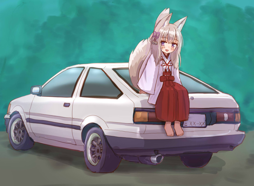 1girl :d animal_ear_fluff animal_ears bangs barefoot blush car commentary_request eyebrows_visible_through_hair fox_ears fox_girl fox_tail grey_hair ground_vehicle hair_between_eyes hair_ornament hakama highres iroha_(iroha_matsurika) japanese_clothes kimono long_hair long_sleeves looking_at_viewer miko motor_vehicle on_vehicle open_clothes open_mouth original purple_eyes red_hakama sitting sleeves_past_wrists smile solo tail tail_raised toyota_sprinter_trueno very_long_hair white_hair white_kimono wide_sleeves