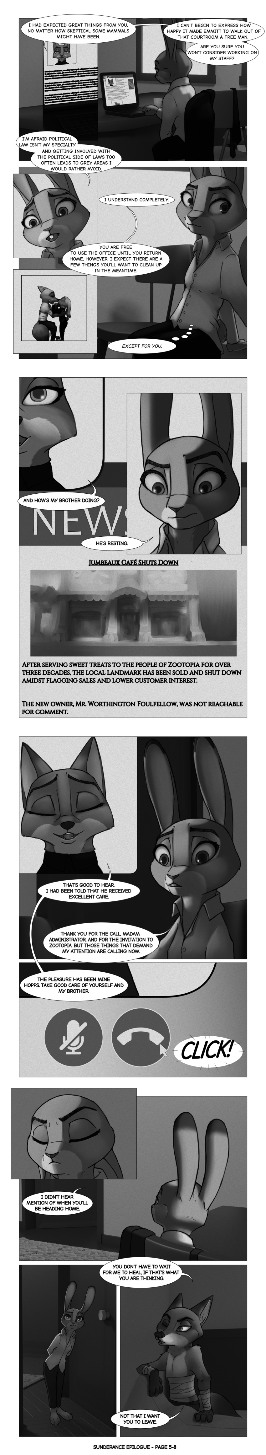 2020 absurd_res anthro arm_tuft bandage barefoot bed border bottomwear buckteeth canid canine chair cheek_tuft clothed clothing comic computer cup dialogue dipstick_ears disney dress_shirt duo elbow_tufts english_text eyes_closed facial_tuft fan_character female fox foxxj furniture gloves_(marking) greyscale hi_res inside judy_hopps kissing lagomorph laptop leporid long_image male mammal markings monochrome multicolored_ears necktie neveen_(kulkum) nick_wilde pants rabbit shirt shoulder_tuft sitting speech_bubble table tall_image teeth text topwear tuft white_border zootopia