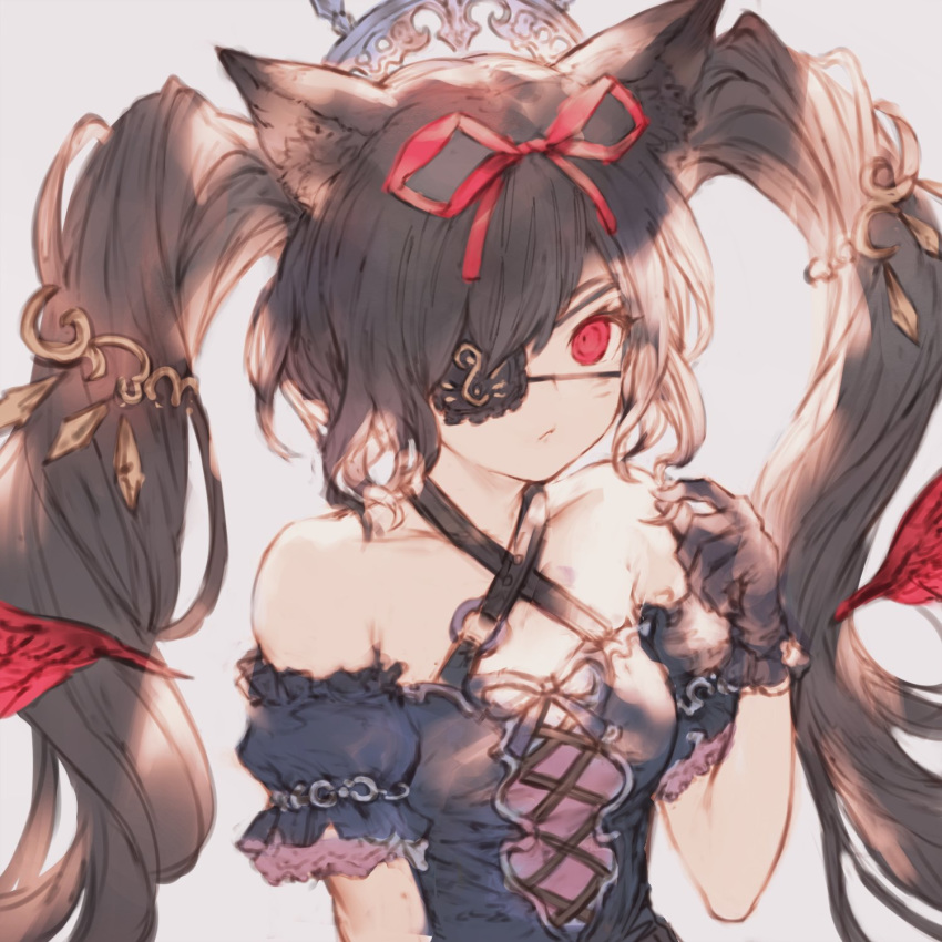 1girl animal_ears black_dress black_gloves cat_ears character_request collarbone copyright_request dress eyepatch gloves grey_background hair_ribbon highres long_hair looking_at_viewer n.a. red_eyes red_ribbon ribbon simple_background solo twintails