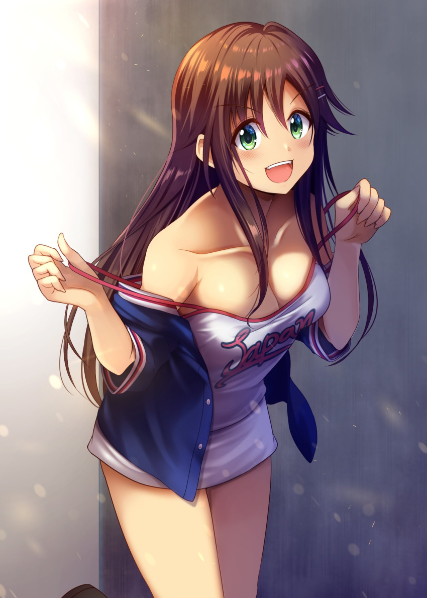 1girl :d bangs bare_shoulders baseball_uniform blurry breasts brown_hair cleavage collarbone commentary_request cowboy_shot dress drying eyebrows_visible_through_hair green_eyes hair_ornament hairclip highres himekawa_yuki idolmaster idolmaster_cinderella_girls long_hair looking_at_viewer medium_breasts microdress off_shoulder open_clothes open_mouth open_shirt short_sleeves sleeveless sleeveless_dress smile solo spaghetti_strap sportswear standing thighs z.nov