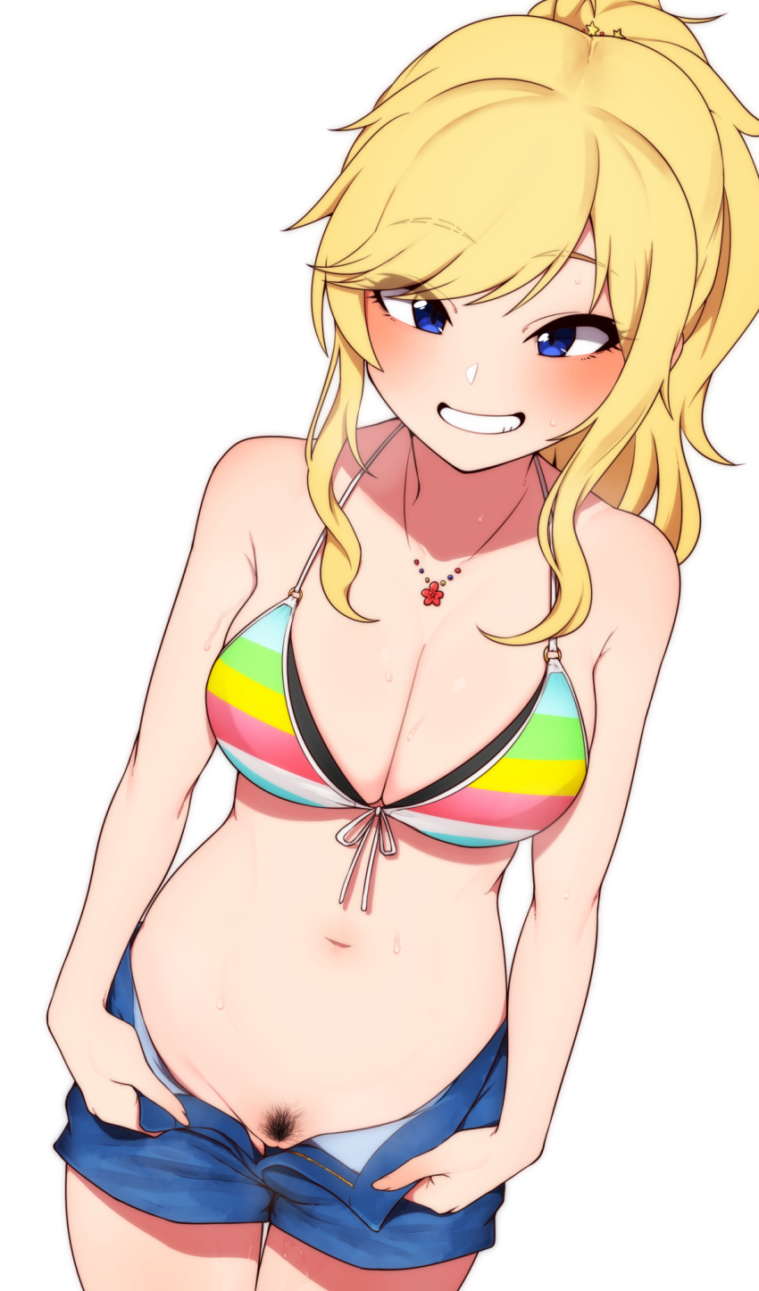 1girl bikini blonde_hair blue_eyes breasts commentary_request denim denim_shorts highres idolmaster idolmaster_cinderella_girls minakami navel ootsuki_yui ponytail pubic_hair shorts simple_background smile solo striped striped_bikini swimsuit white_background