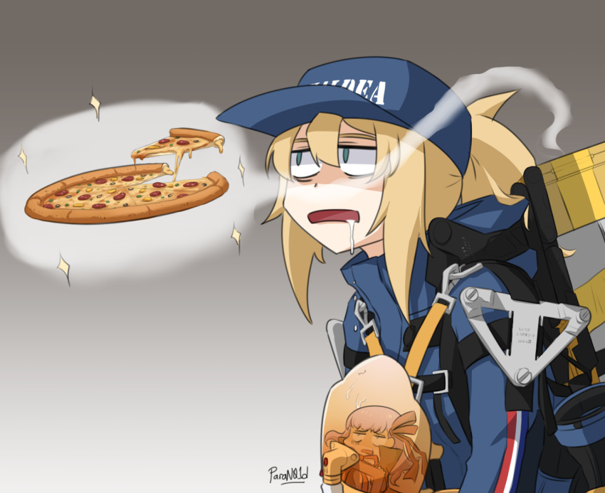 artoria_pendragon_(all) babywearing baseball_cap bb-28 bb-28_(cosplay) bb_(fate)_(all) bb_(fate/extra_ccc) bb_(swimsuit_mooncancer)_(fate) black_coat blonde_hair blue_jumpsuit blue_suit coat container cosplay death_stranding drooling fate/grand_order fate_(series) food gloves green_eyes hair_through_headwear hat jumpsuit leotard mouth_drool mysterious_heroine_xx_(foreigner) namesake odradek open_mouth package paran01d pizza popped_collar saliva sam_porter_bridges sam_porter_bridges_(cosplay) tan tube white_gloves white_leotard