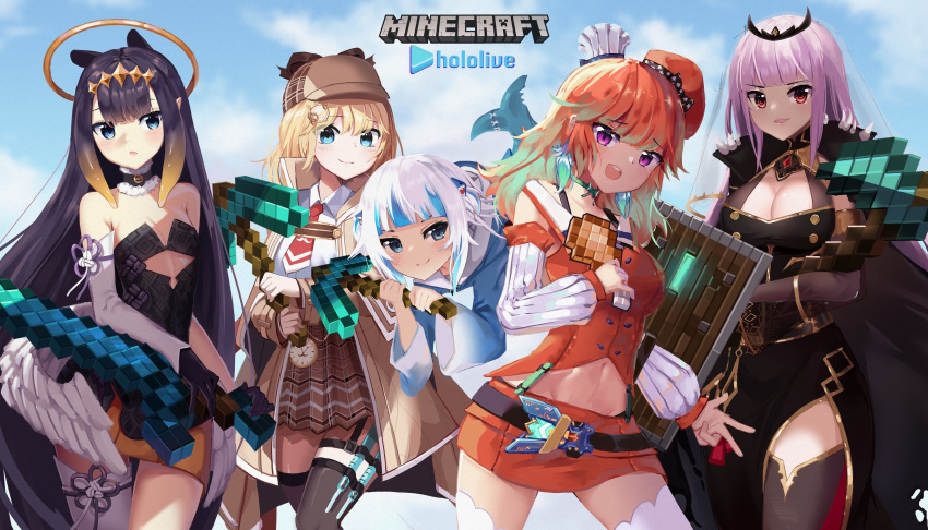5girls :o absurdres bangs bare_shoulders belt black_gloves black_hair blonde_hair blue_eyes blue_hair bow_choker breasts chef_hat chicken_leg choker cleavage copyright_name crossover dayshiart detached_sleeves diamond_hoe diamond_pickaxe diamond_sword english_commentary eyebrows_visible_through_hair fish_tail floating food gawr_gura gloves gradient_hair green_choker green_hair hair_ornament halo hat highres holding holding_food holding_pickaxe holding_sword holding_weapon hololive hololive_english hood hoodie jacket large_breasts light_blush logo long_hair looking_at_viewer looking_down looking_to_the_side medium_breasts minecraft mini_necktie mini_wings monocle_hair_ornament mori_calliope multicolored_hair multiple_girls navel ninomae_ina'nis open_mouth orange_hair orange_headwear parted_lips pickaxe pink_hair plaid plaid_skirt red_eyes red_neckwear shark_fin shark_tail shield single_thighhigh skirt small_breasts smile streaked_hair sword tail takanashi_kiara tentacle_hair thighhighs tiara two_side_up v veil very_long_hair virtual_youtuber watson_amelia weapon white_hair