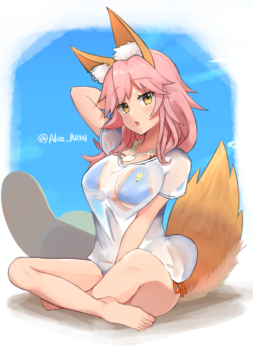 1girl absurdres animal_ear_fluff animal_ears arm_behind_head bikini bikini_under_clothes blue_bikini breasts cleavage collar collarbone commentary_request eyebrows_visible_through_hair fate/grand_order fate_(series) fox_ears fox_girl fox_tail highres large_breasts looking_at_viewer open_mouth pink_hair see-through shirt side-tie_bikini sitting solo swimsuit tail tamamo_(fate)_(all) tamamo_no_mae_(swimsuit_lancer)_(fate) usu_(arisu) wet wet_clothes wet_shirt wet_t-shirt yellow_eyes