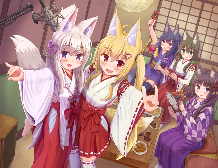 5girls :d absurdres animal_ear_fluff animal_ears bangs barefoot bell black_hair blonde_hair blue_eyes blush borrowed_character breasts brown_eyes clover_hair_ornament commentary_request eyebrows_visible_through_hair fang four-leaf_clover_hair_ornament fox_ears fox_girl fox_shadow_puppet fox_tail green_eyes hair_between_eyes hair_ornament hair_ribbon hairclip hakama hakama_skirt highres holding holding_instrument indoors instrument instrument_request iroha_(iroha_matsurika) japanese_clothes jingle_bell kimono long_sleeves low_twintails microphone miko multiple_girls nose_blush obi open_mouth original ponytail purple_eyes purple_hakama purple_kimono red_eyes red_hakama red_ribbon ribbon ribbon-trimmed_legwear ribbon-trimmed_sleeves ribbon_trim sash sidelocks silver_hair sitting small_breasts smile standing standing_on_one_leg table tail thighhighs twintails white_kimono white_legwear wide_sleeves yagasuri