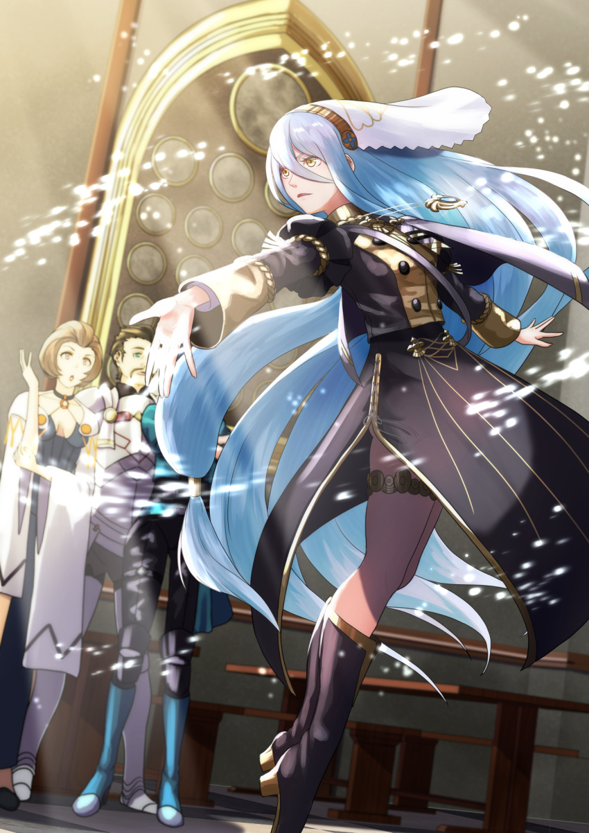 1boy alois_rangeld azura_(fire_emblem) blue_hair dancing day fire_emblem fire_emblem:_three_houses fire_emblem_heroes garreg_mach_monastery_uniform hair_ornament highres indoors jewelry long_hair manuela_casagranda multiple_girls necklace shamir_nevrand sukkirito_(rangusan) sunlight yellow_eyes