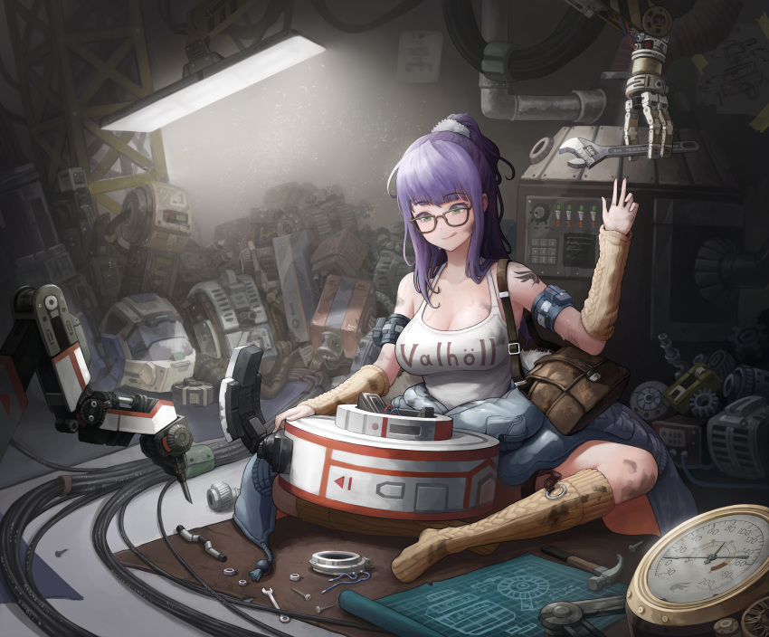 :p absurdres arin_sel arm_warmers bag breasts cleavage dirty dirty_clothes full_body glasses grease green_eyes highres kneehighs last_origin long_hair mechanic medium_breasts ponytail purple_hair sitting t-9_gremlin tank_top tongue tongue_out wrench