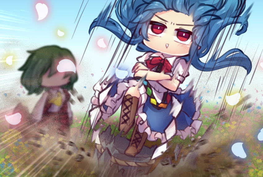 2girls :&gt; blue_flower blue_hair blue_skirt blue_sky blush boots bow bright_pupils brown_footwear celestial chibi commentary_request cross-laced_footwear crossed_arms dirt dust faceless field flower flower_field frilled_skirt frills frown full_body glowing_petals green_hair hair_up hinanawi_tenshi holding holding_umbrella kazami_yuuka keystone knee_boots lace-up_boots landing long_hair long_sleeves masochism motion_blur motion_lines multiple_girls outdoors parasol petals pink_flower plaid plaid_skirt plaid_vest puffy_short_sleeves puffy_sleeves red_bow red_eyes red_neckwear red_skirt red_vest rope rose_petals shards shide shimenawa shirt short_hair short_sleeves skirt skirt_set sky smile speed_lines standing standing_on_one_leg touhou umbrella unime_seaflower v-shaped_eyebrows vest white_pupils white_shirt wind yellow_flower yellow_neckwear