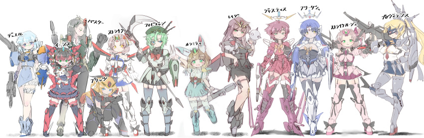 6+girls absurdres aegis_gundam aile_strike_gundam animal animalization aqua_skirt bangs bangs_pinned_back beam_rifle black_hair black_skirt blitz_gundam blonde_hair blue_eyes blue_hair blunt_bangs breasts brown_hair buster_gundam calamity_gundam cat character_name cleavage crossed_legs dated drill_hair duel_gundam energy_gun forbidden_gundam freedom_gundam glasses green_eyes gun gundam gundam_seed halo hand_on_hip highres holding holding_animal holding_cat holding_gun holding_mace holding_scythe holding_shield holding_weapon justice_gundam large_breasts long_hair looking_at_viewer looking_down mace mask mecha_musume multicolored_hair multiple_girls personification pink_hair providence_gundam raider_gundam red_hair scythe shield short_hair skindentation skirt smile standing standing_on_one_leg strike_gundam strike_rouge thighhighs twin_drills v-fin weapon yazawa_owl yellow_eyes