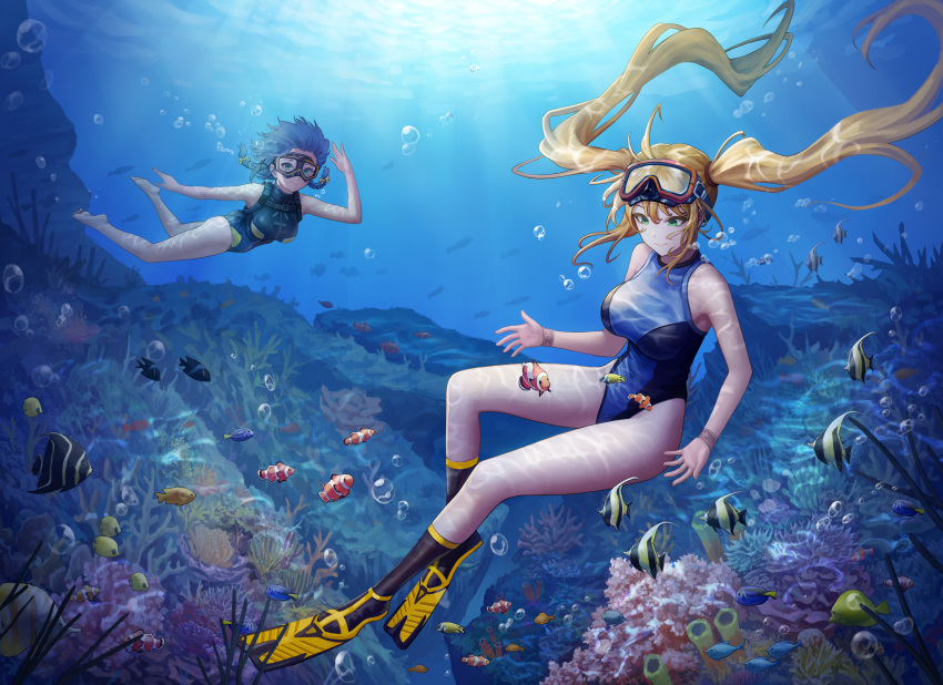 2girls ag-1_nereid air_bubble arin_sel blonde_hair blue_hair blue_swimsuit braid breasts bubble coral coral_reef diving_mask fish flippers freediving full_body goggles goggles_on_head green_eyes highres large_breasts last_origin light_rays long_hair multiple_girls one-piece_swimsuit smile submerged swimming swimsuit triaina twin_braids twintails underwater very_long_hair