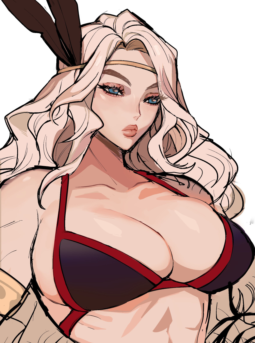 1girl abs amazon amazon_(dragon's_crown) bikini black_bikini blue_eyes breasts brown_feathers dragon's_crown ennuigrl feathers head_feathers headband highres large_breasts muscle muscular_female platinum_blonde_hair sketch swimsuit toned upper_body white_background work_in_progress