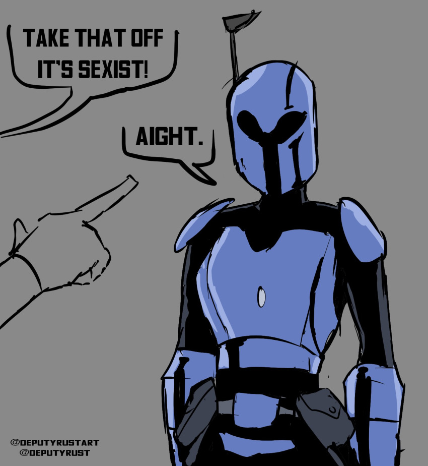 1girl 1other antenna_mast armor breastplate commentary deputy_rust english_text grey_background helmet highres mandalorian pointing pointing_at_another shoulder_armor solo_focus speech_bubble star_wars the_mandalorian vambraces