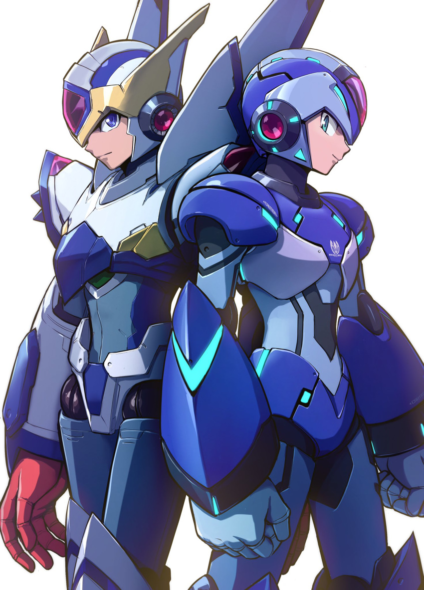 1boy android armor blue_eyes green_eyes highres hoshi_mikan multiple_views robot rockman rockman_x shirt_in_mouth smile white_background