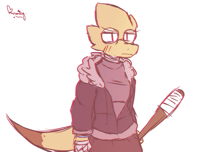 4:3 alphys anthro baseball_bat bat_(object) blush bottomwear breasts clothed clothing cursive english_text eyewear female fist front_view fully_clothed glasses hand_wraps hi_res holding_baseball_bat holding_melee_weapon holding_object holding_weapon hoodie lizard looking_at_viewer melee_weapon monse_p90 neck_wraps non-mammal_breasts pants portrait reptile scales scalie shirt signature simple_background solo standing sweatshirt text three-quarter_portrait three-quarter_view topwear undertale video_games weapon wraps yellow_body yellow_scales