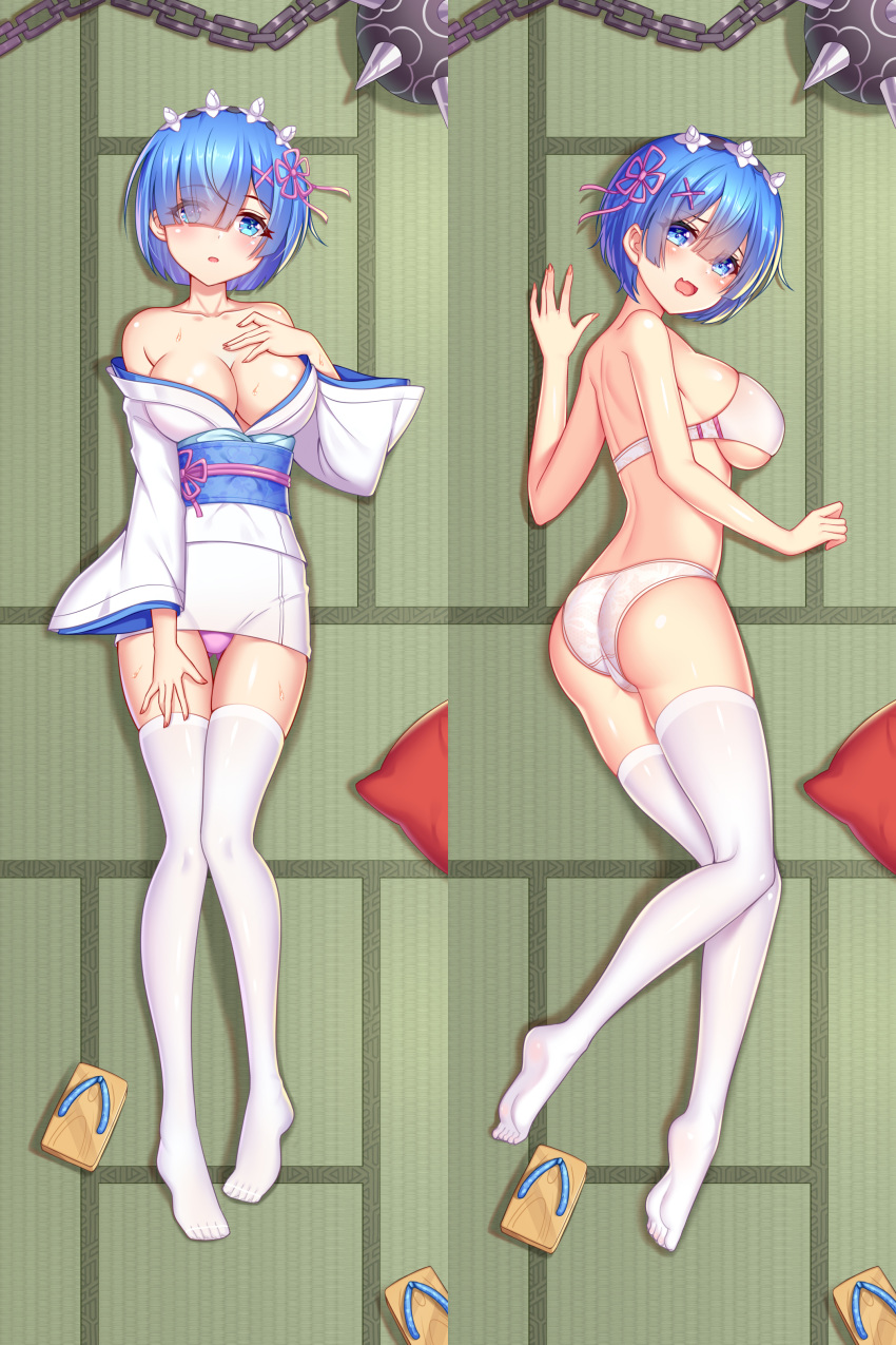 1girl absurdres alternate_costume ass bangs bare_arms bare_shoulders blue_eyes blue_hair blush bra breasts cleavage collarbone commentary dakimakura fang from_above full_body hair_ornament hair_over_one_eye hair_ribbon hairclip highres indoors japanese_clothes kensei_(ciid) kimono large_breasts looking_at_viewer looking_back lying medium_breasts multiple_views no_shoes obi off_shoulder on_back on_side open_mouth panties pink_panties pink_ribbon re:zero_kara_hajimeru_isekai_seikatsu rem_(re:zero) ribbon sash shoes_removed short_hair skin_fang striped tatami thighhighs underwear weapon white_bra white_legwear wide_sleeves x_hair_ornament