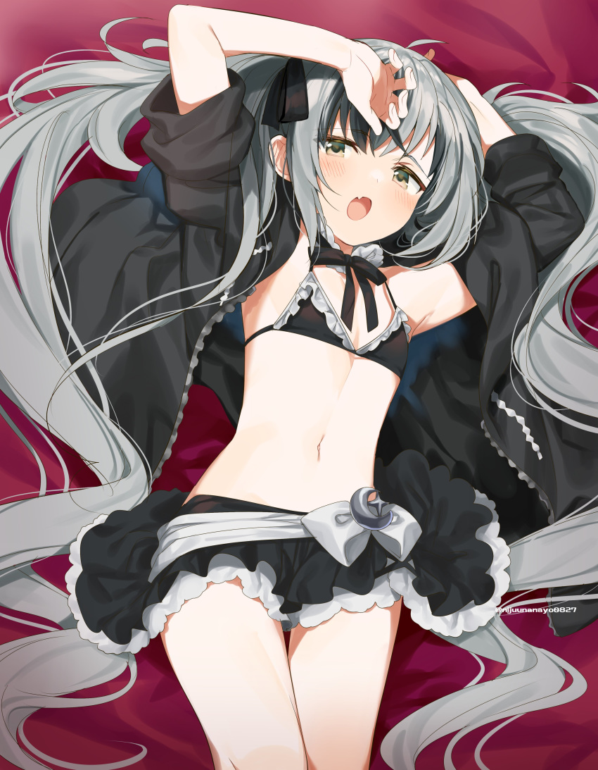 1boy absurdres artist_name bikini blush commentary_request crossdressing fang flat_chest grey_eyes grey_hair hair_ribbon highres jacket long_hair miyukiyo navel nijisanji open_mouth ribbon suzuki_masaru swimsuit virtual_youtuber