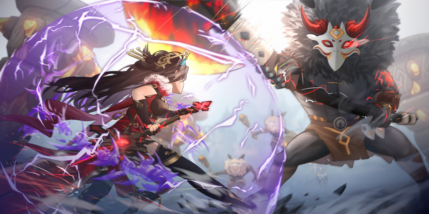 1girl axe barrier battle beidou_(genshin_impact) black_gloves black_hair black_legwear breasts cape club electricity fingerless_gloves from_behind fur_trim genshin_impact gloves greatsword hair_ornament hairpin highres hilichurl holding holding_sword holding_weapon horns long_hair mane mask medium_breasts motion_blur motion_lines pillar swinging sword thighhighs vision_(genshin_impact) weapon yuuki_mix