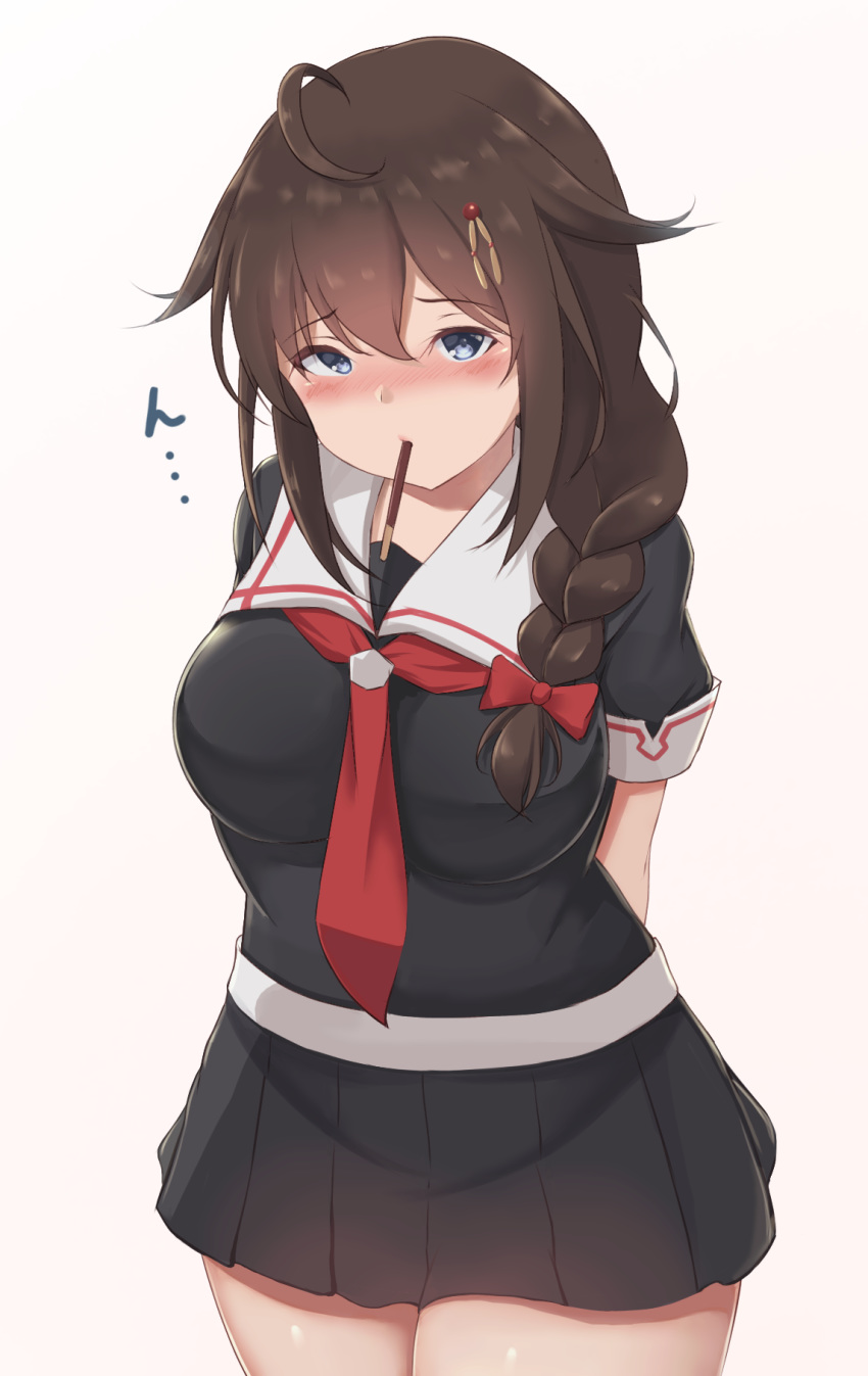 1girl 88942731ne ahoge alternate_breast_size black_serafuku black_skirt blue_eyes blush braid breasts brown_hair cowboy_shot eyebrows_visible_through_hair food food_in_mouth hair_between_eyes hair_flaps hair_ornament hair_over_shoulder highres kantai_collection large_breasts long_hair looking_at_viewer necktie pleated_skirt pocky red_neckwear remodel_(kantai_collection) school_uniform serafuku shigure_(kantai_collection) short_sleeves simple_background single_braid skirt solo white_background